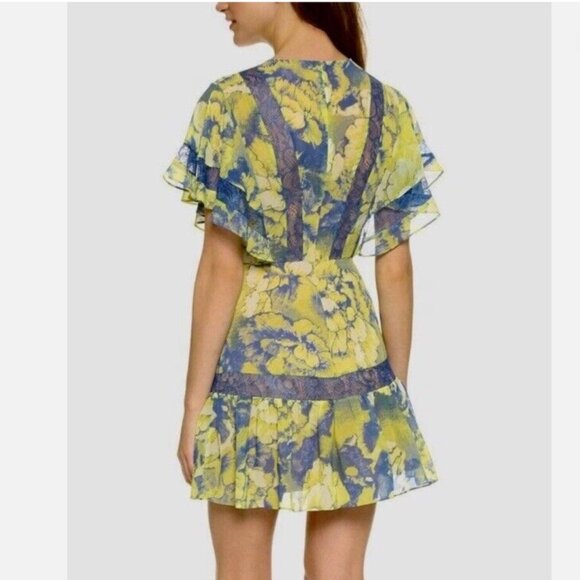 BCBG Maxazria Womens Karian Mini Dress Size 4 Dark Lime Combo Flutter Sleeve - Picture 4 of 6